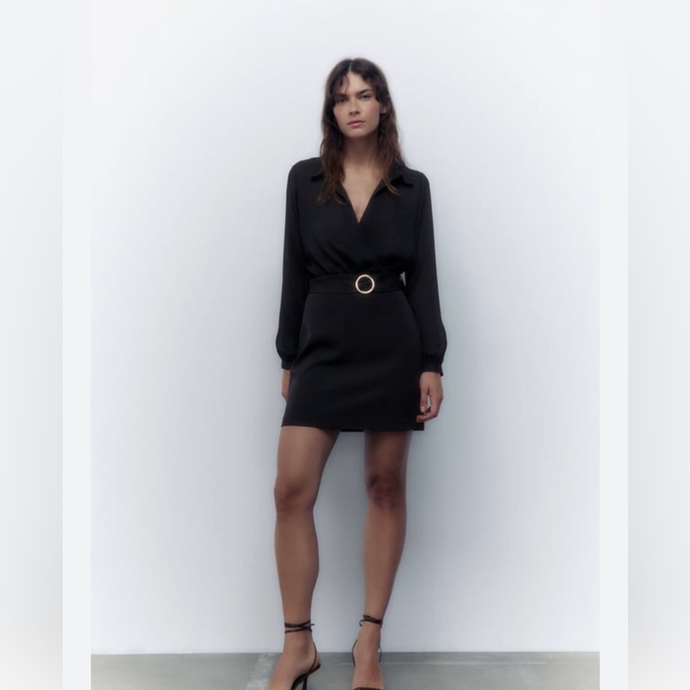 NWT Zara Wrap Mini Dress Belted Medium Black Sheer Long Sleeve Cocktail Party